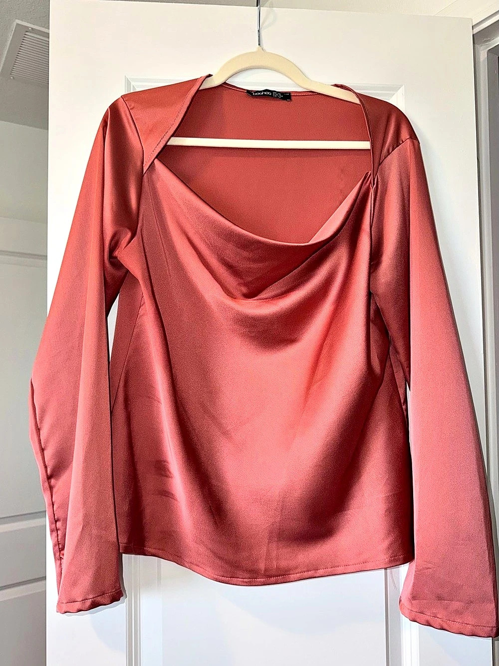 Boohoo Long Sleeve Satin Cowl Neck Top Pink
